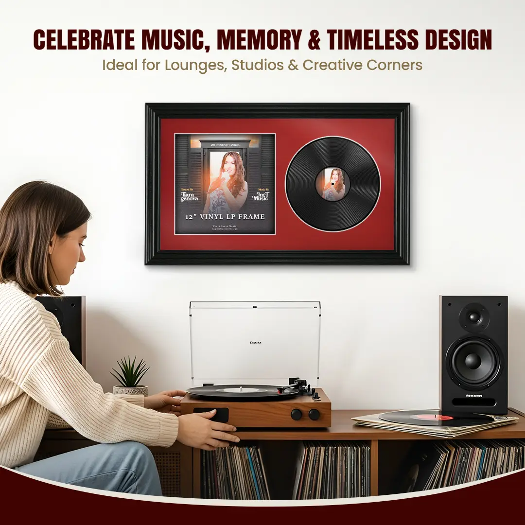 30x17" Swept Black Vinyl Record Frame With Poppy Red Mount | Side by Side 12" LP Cover & Disc Display thumbnail 4