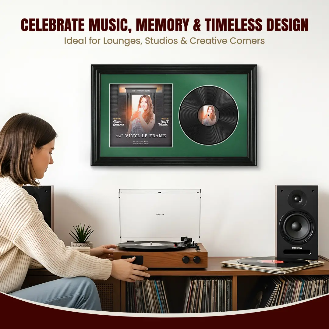 30x17" Swept Black Vinyl Record Frame With Silver Mount | For 12" LP Cover and Disc Side By Side Display thumbnail 4
