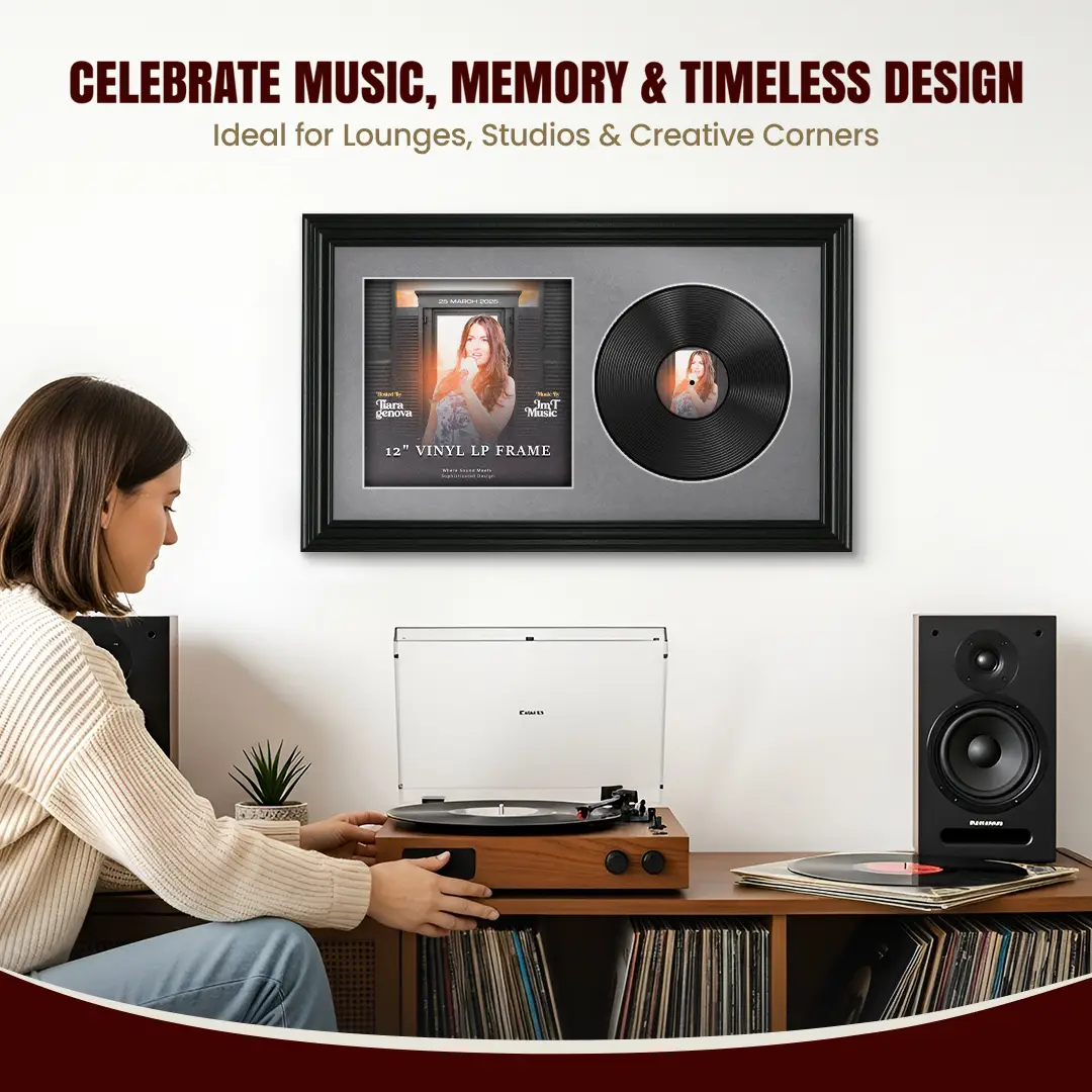 30x17" Swept Black Vinyl Record Frame With Silver Mount | For 12" LP Cover and Disc Side By Side Display thumbnail 4