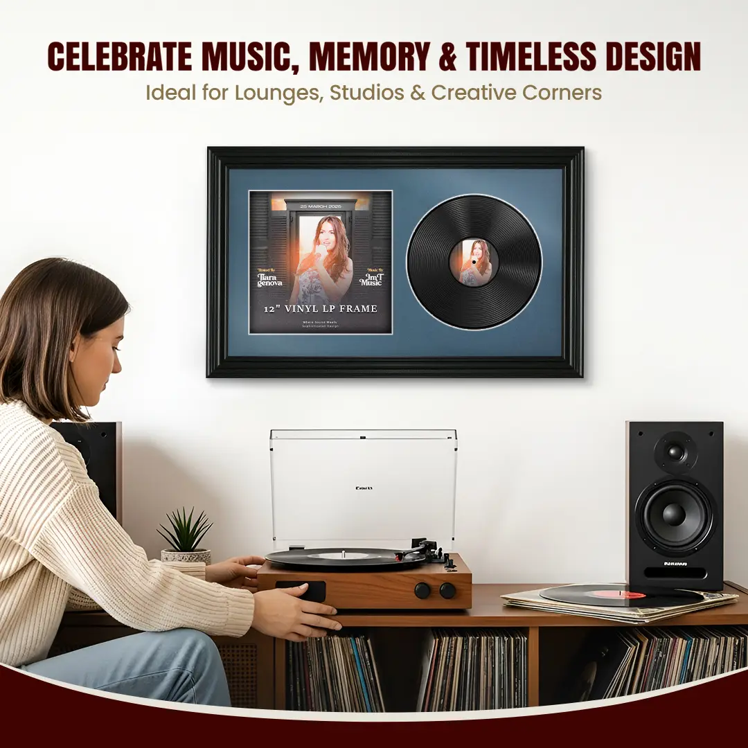 30x17" Swept Black Vinyl Record Frame With Poppy Red Mount | Side by Side 12" LP Cover & Disc Display thumbnail 4