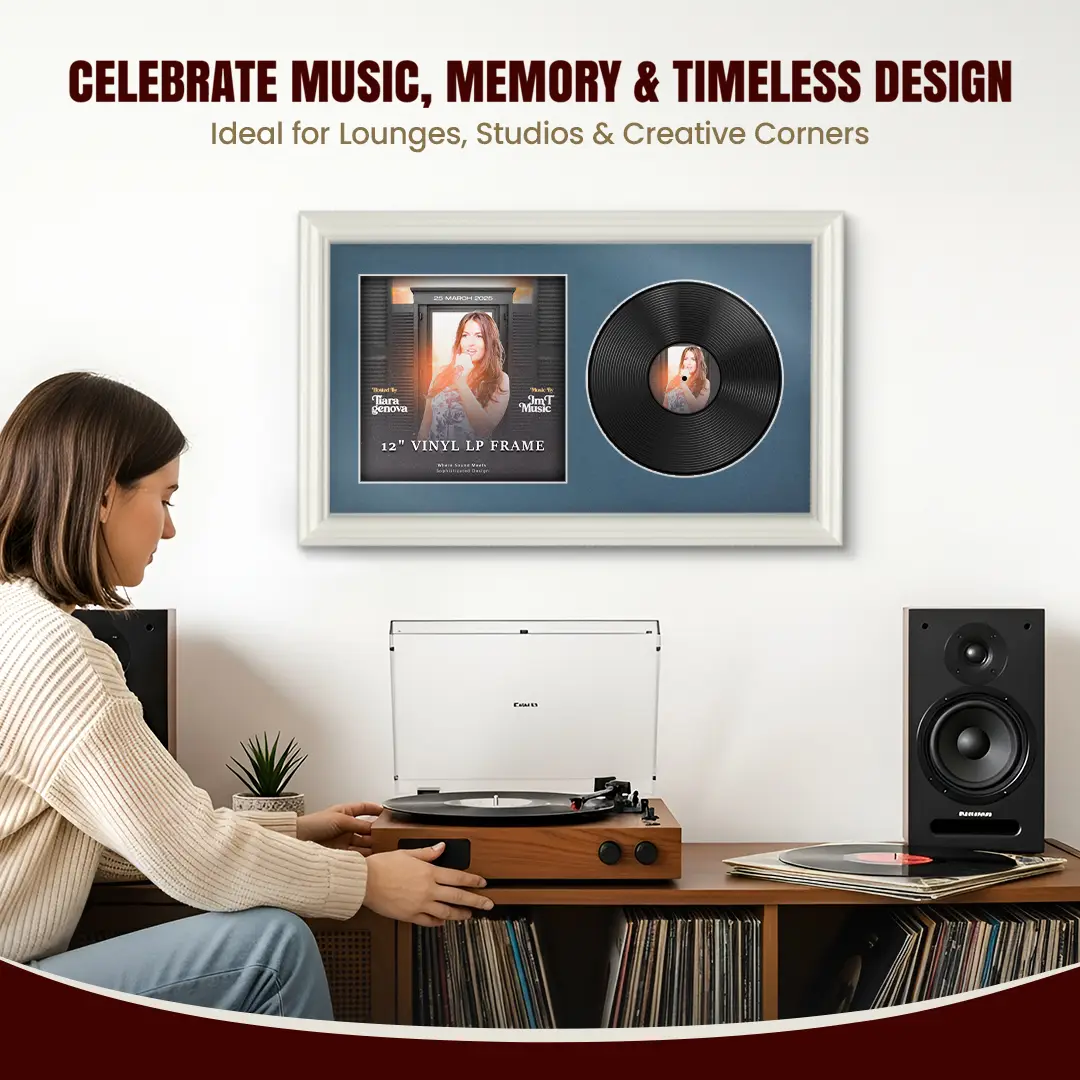 30x17" Swept White Vinyl Record Frame With Pompador Mount | For 12" LP Cover and Disc Side By Side Display thumbnail 4