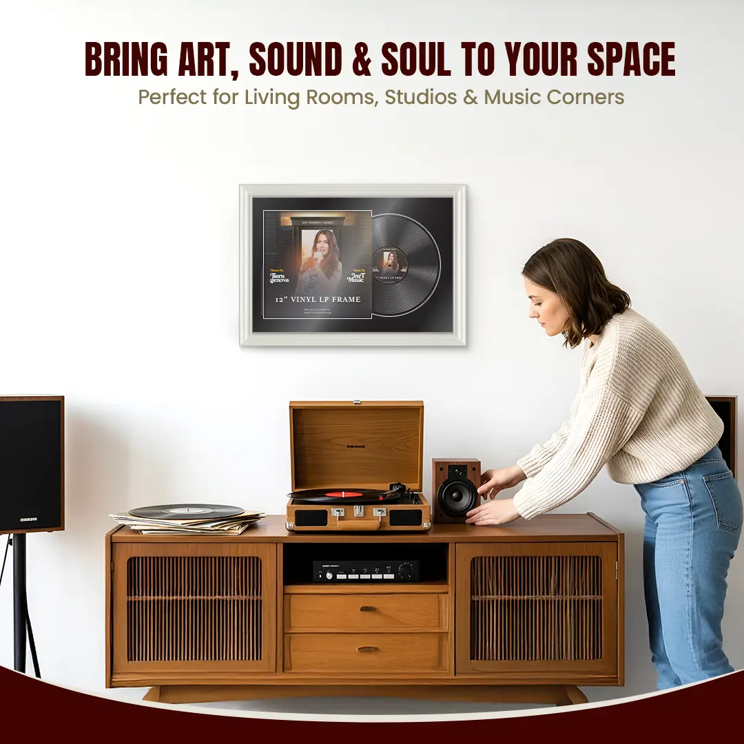 25x17" Swept White Vinyl Record Frame For LP Cover & Disc With Black Mount | Overlapped Display thumbnail 6