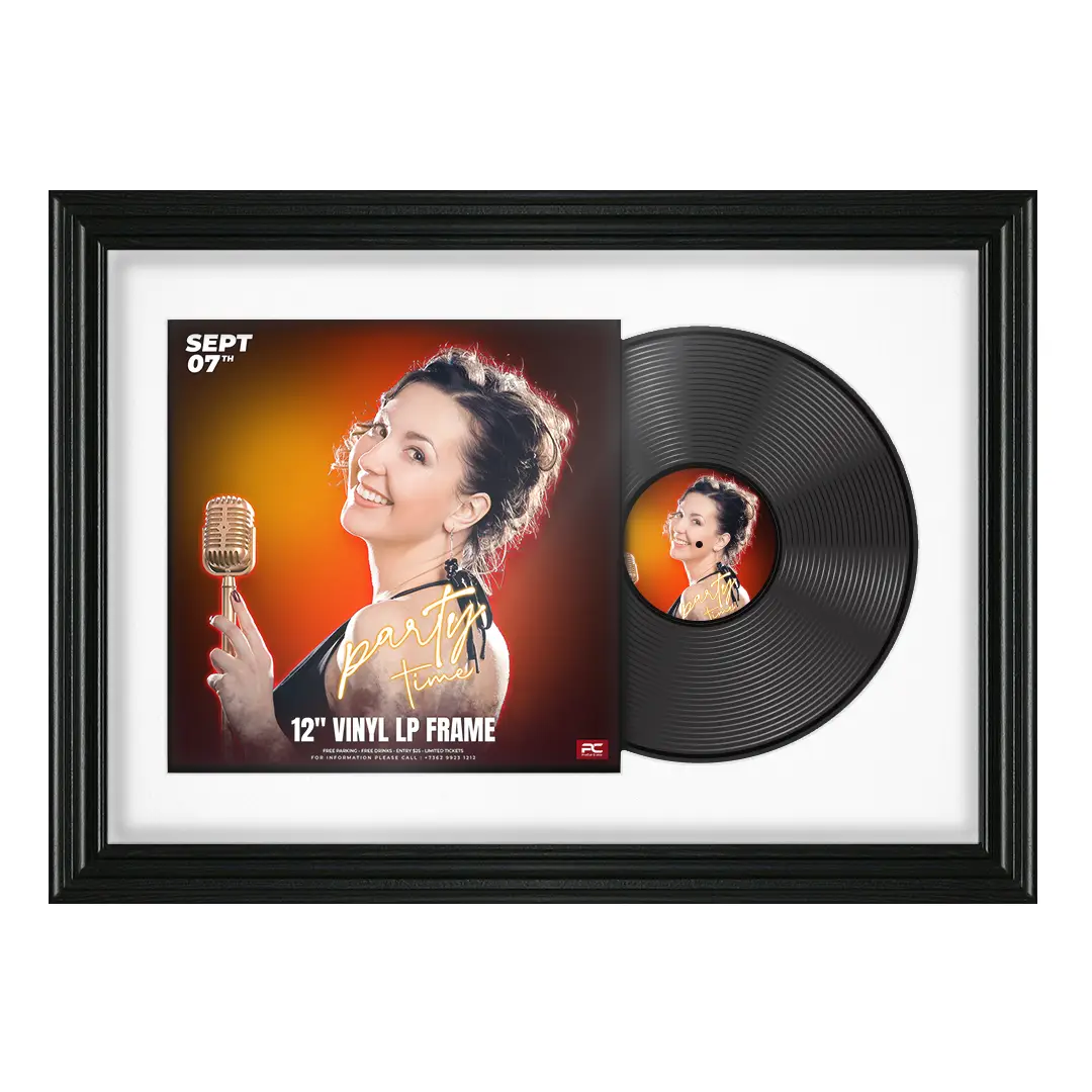 25x17" Swept Black Vinyl Record Frame For 12 Inch LP Cover & Disc With Black Mount | Overlapped Vinyl Display