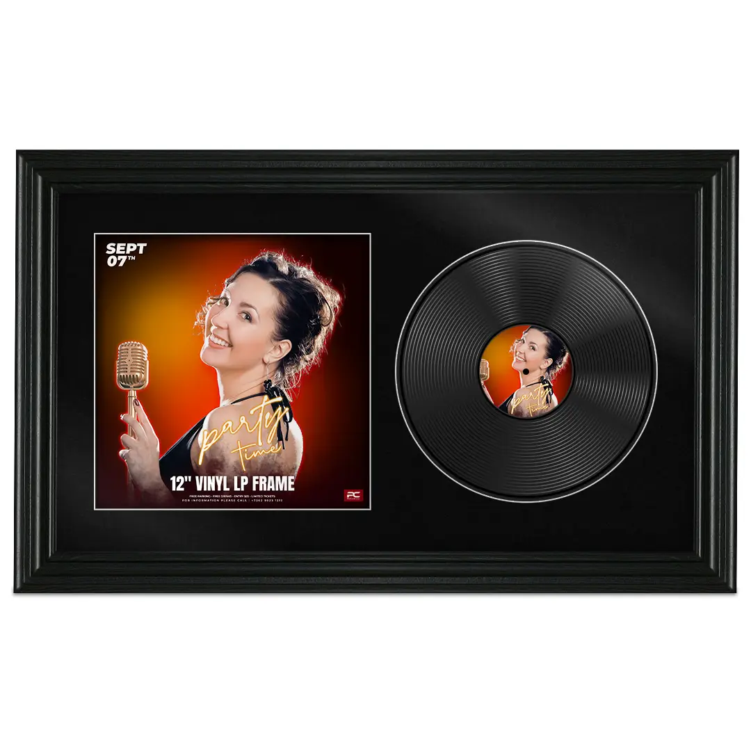30x17" Swept Black Vinyl Record Frame With Poppy Red Mount | Side by Side 12" LP Cover & Disc Display