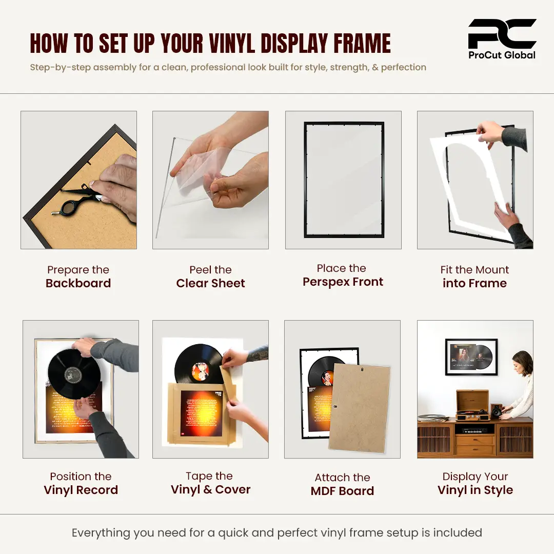 25x17" Swept Black Vinyl Record Frame For 12 Inch LP Cover & Disc (Overlapped) With White Mount | Elegant Music Display thumbnail 5