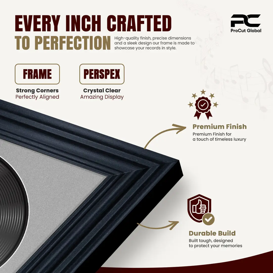 16x16" Swept Black Vinyl Record Frame With Black Mount For 12" LP Discs | Elegant Frame For Music Lovers thumbnail 7