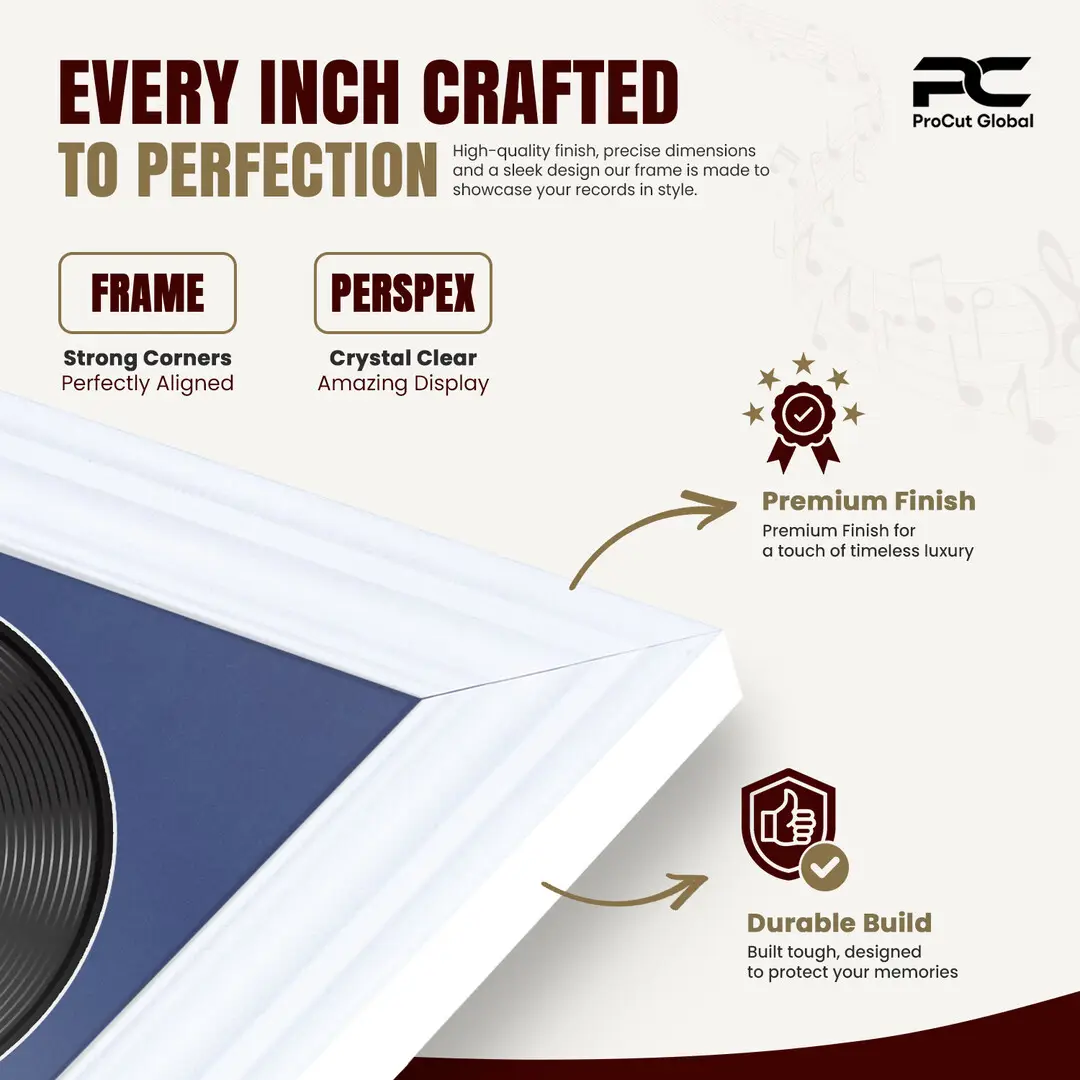16x16" Swept White Vinyl Record Frame With Black Mount For 12" LP Discs | Contemporary Wall Display thumbnail 7