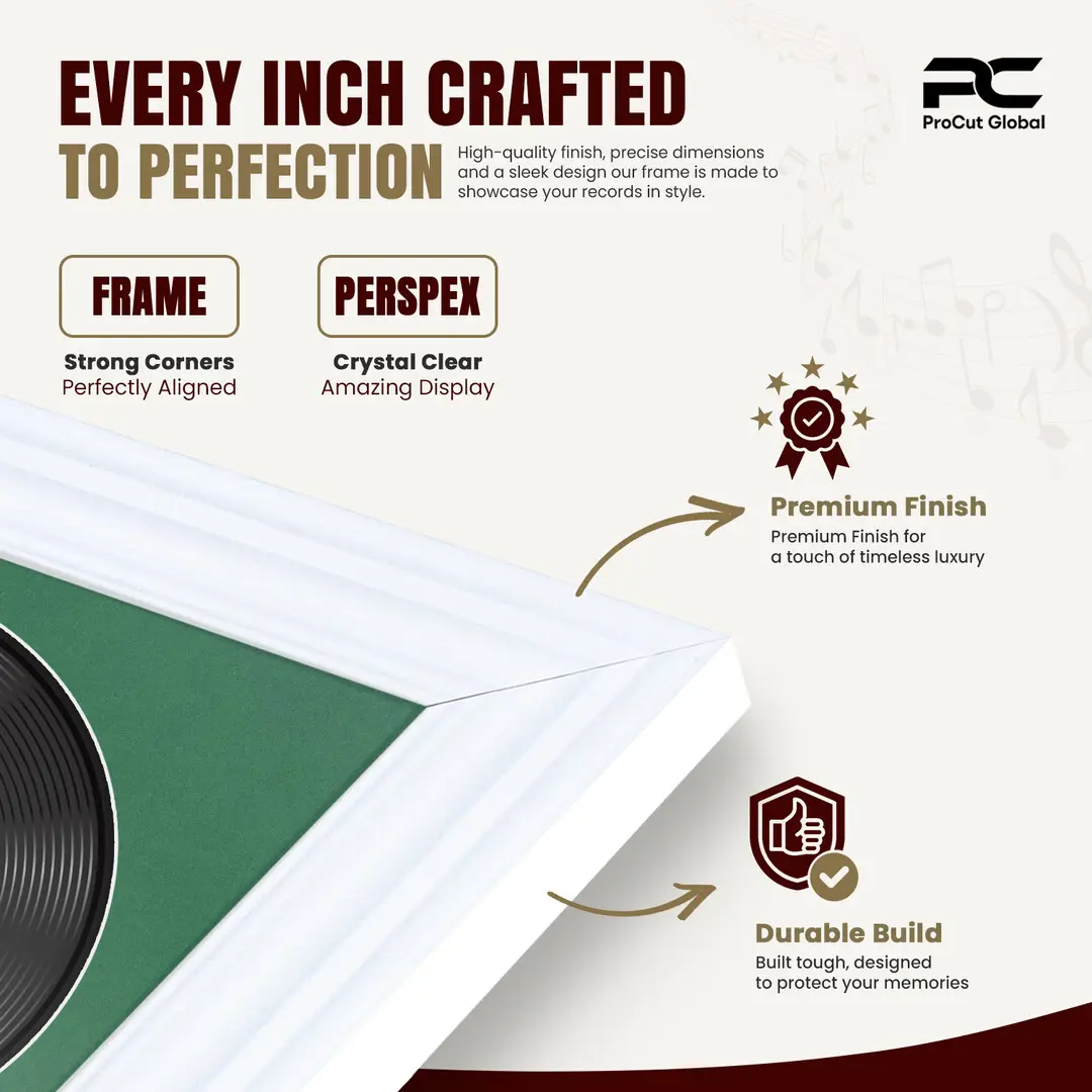 16x16" Swept White Vinyl Record Frame With Emerald (Green) Mount For 12" LP Discs | Contemporary Wall Display thumbnail 7