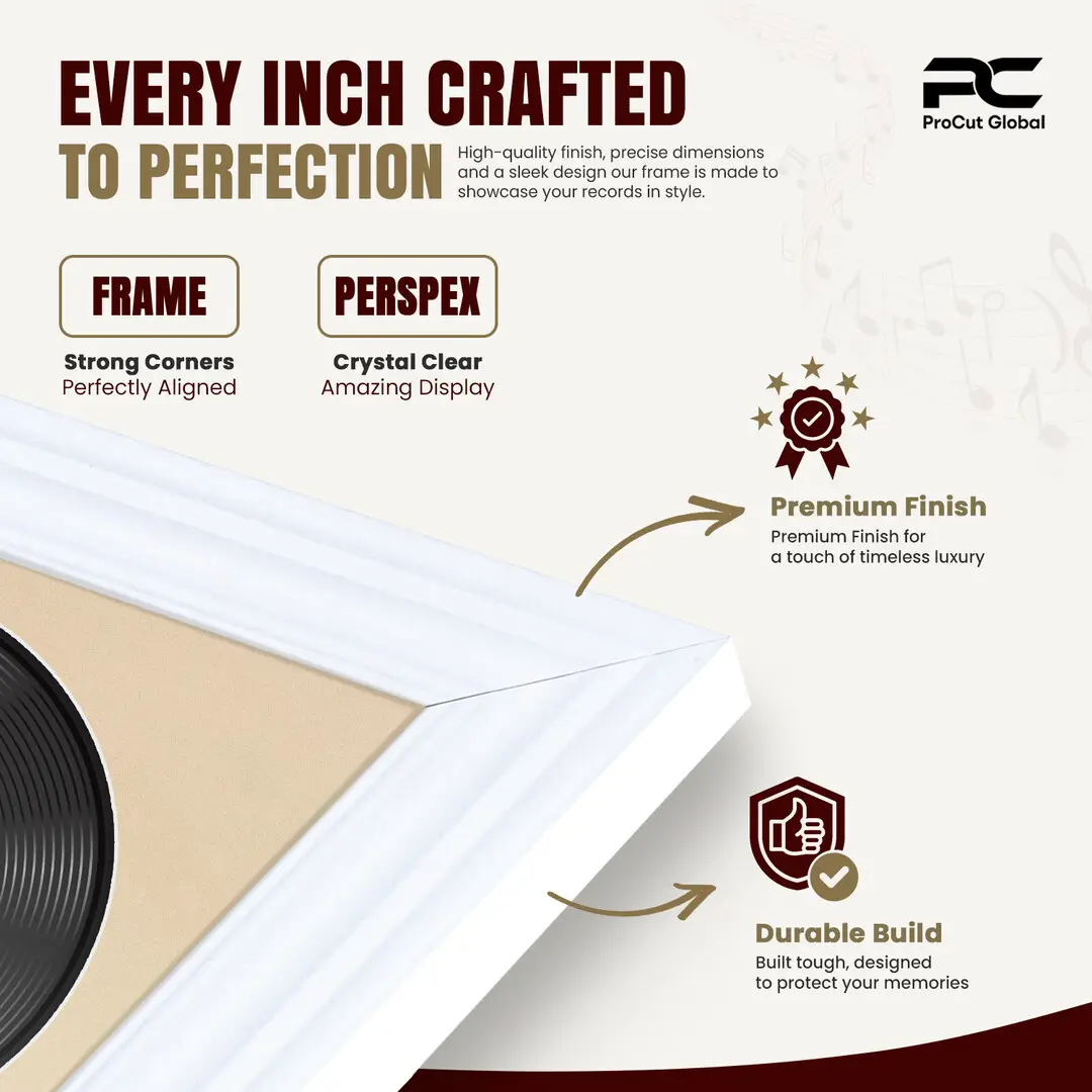 16x16" Swept White Vinyl Record Frame With Black Mount For 12" LP Discs | Elegant Frame For Music Lovers thumbnail 7