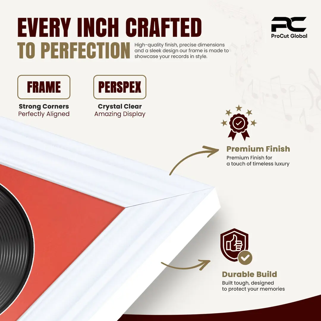 16x16" Swept White Vinyl Record Frame With Black Mount For 12" LP Discs | Elegant Frame For Music Lovers thumbnail 7