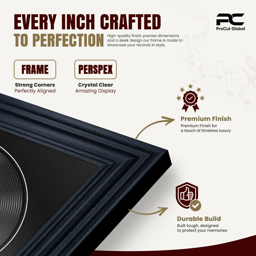 25x17" Swept Black Vinyl Record Frame For 12 Inch LP Cover & Disc With Black Mount | Overlapped Vinyl Display thumbnail 7
