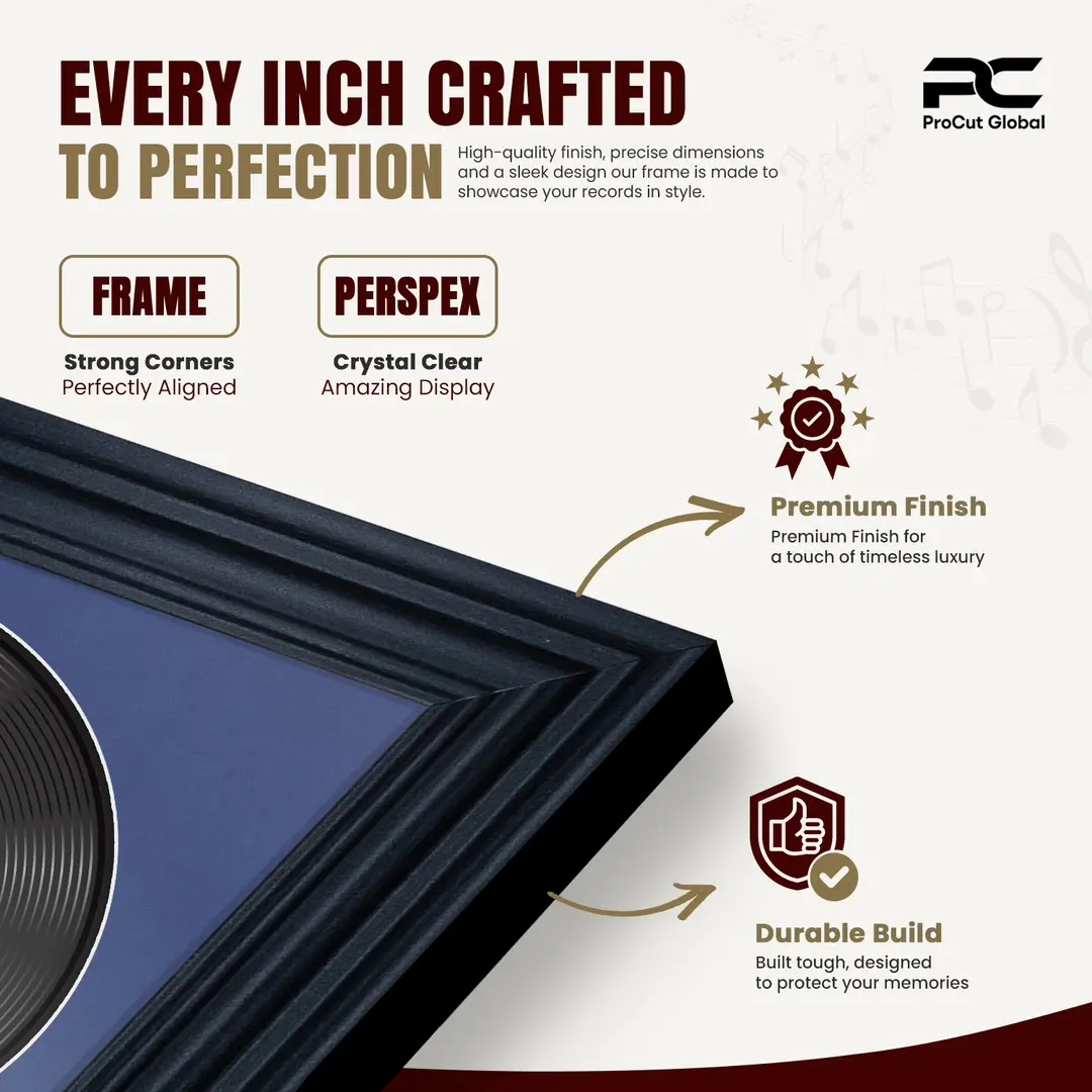 25x17" Swept Black Vinyl Record Frame For 12 Inch LP Cover & Disc With Black Mount | Overlapped Vinyl Display thumbnail 7