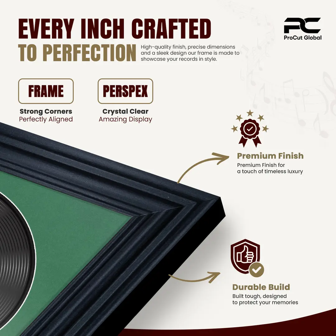 25x17" Swept Black Vinyl Record Frame For 12 Inch LP Cover & Disc (Overlapped) With White Mount | Elegant Music Display thumbnail 7