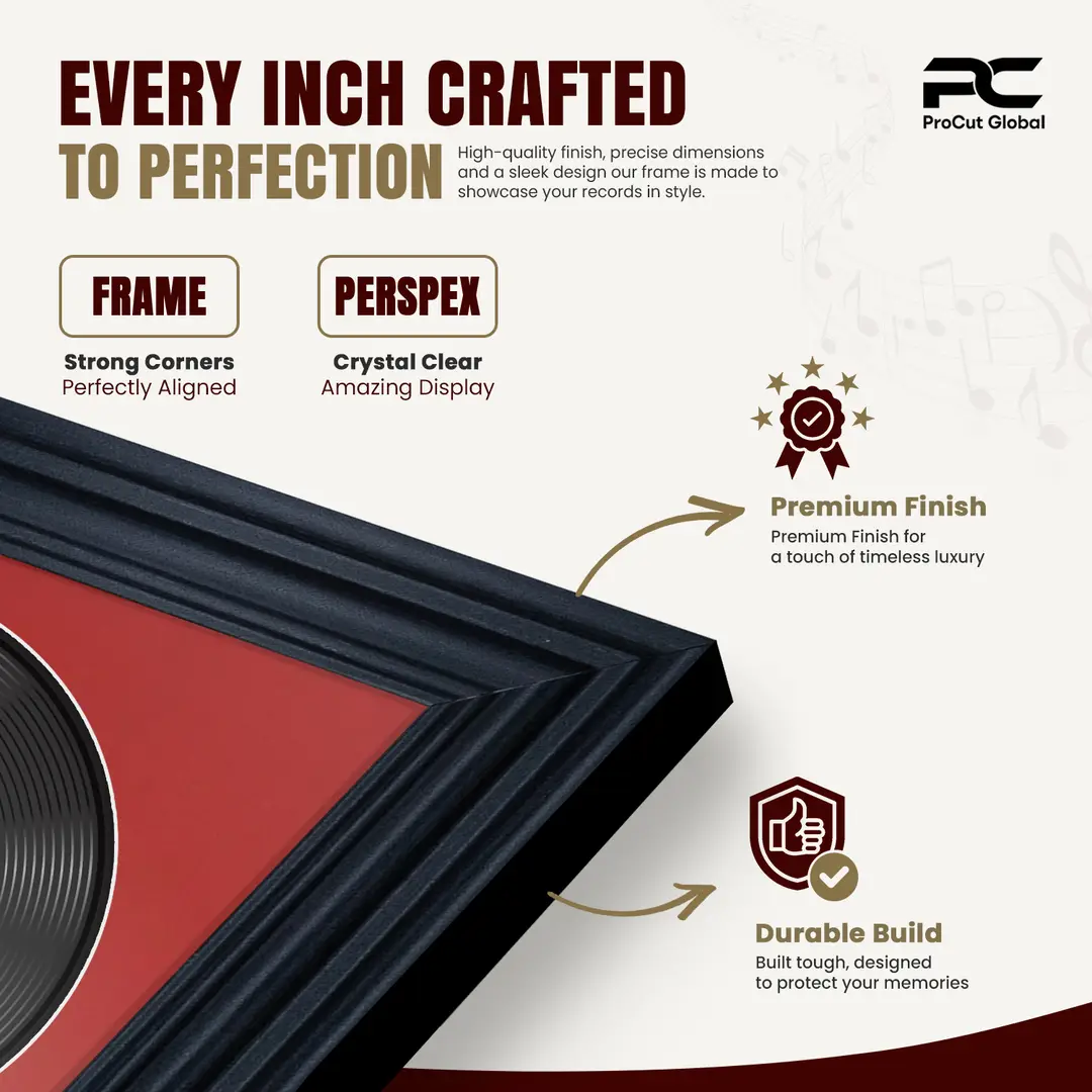 30x17" Swept Black Vinyl Record Frame With Poppy Red Mount | Side by Side 12" LP Cover & Disc Display thumbnail 7