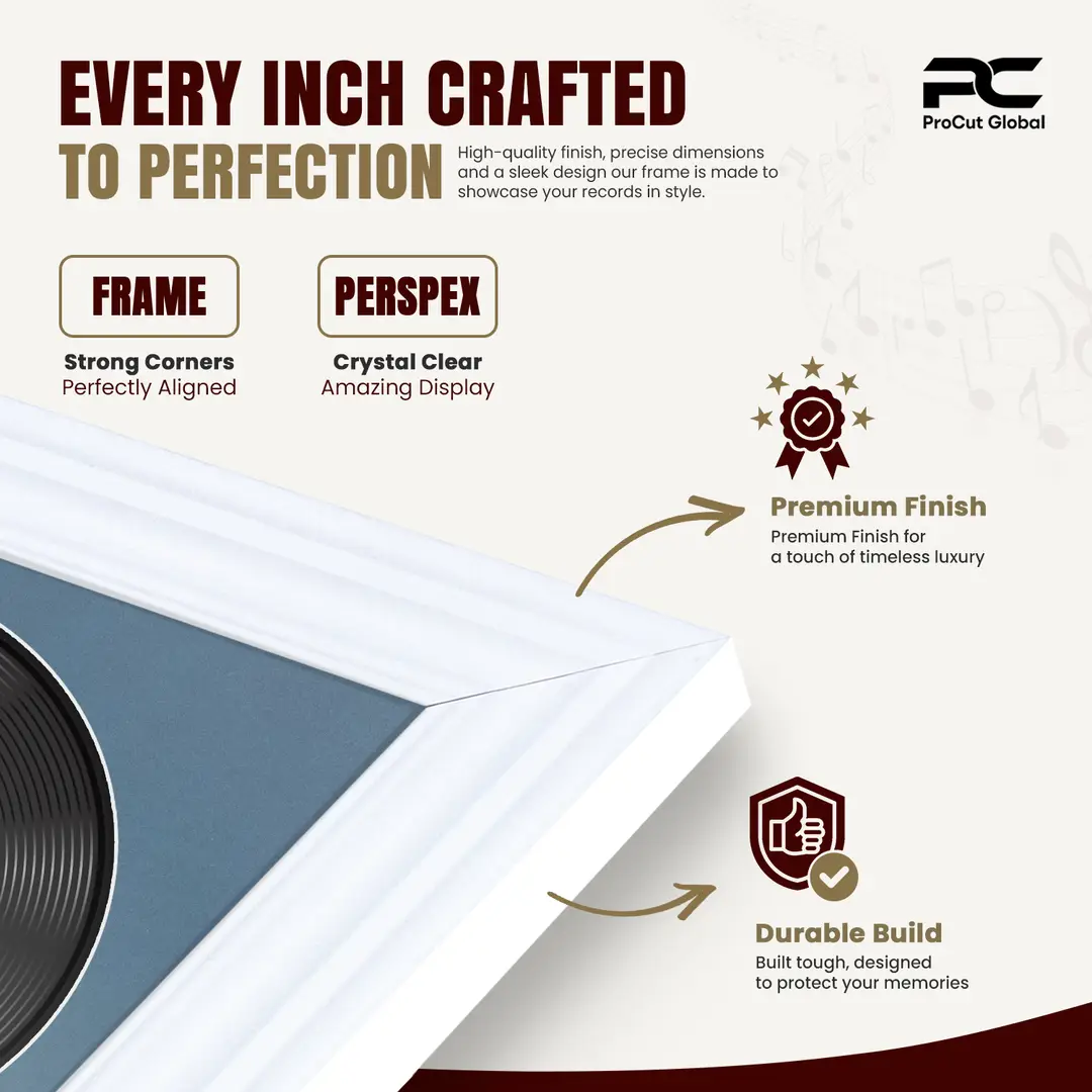 30x17" Swept White Vinyl Record Frame With Pompador Mount | For 12" LP Cover and Disc Side By Side Display thumbnail 7